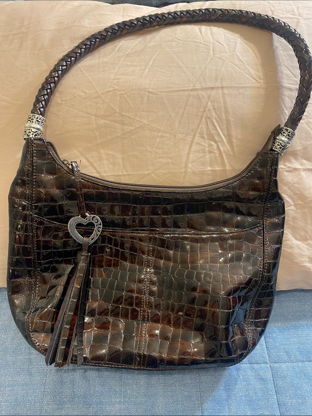 Brighton  Croc-Embossed Shoulder Bag in Dark Brown